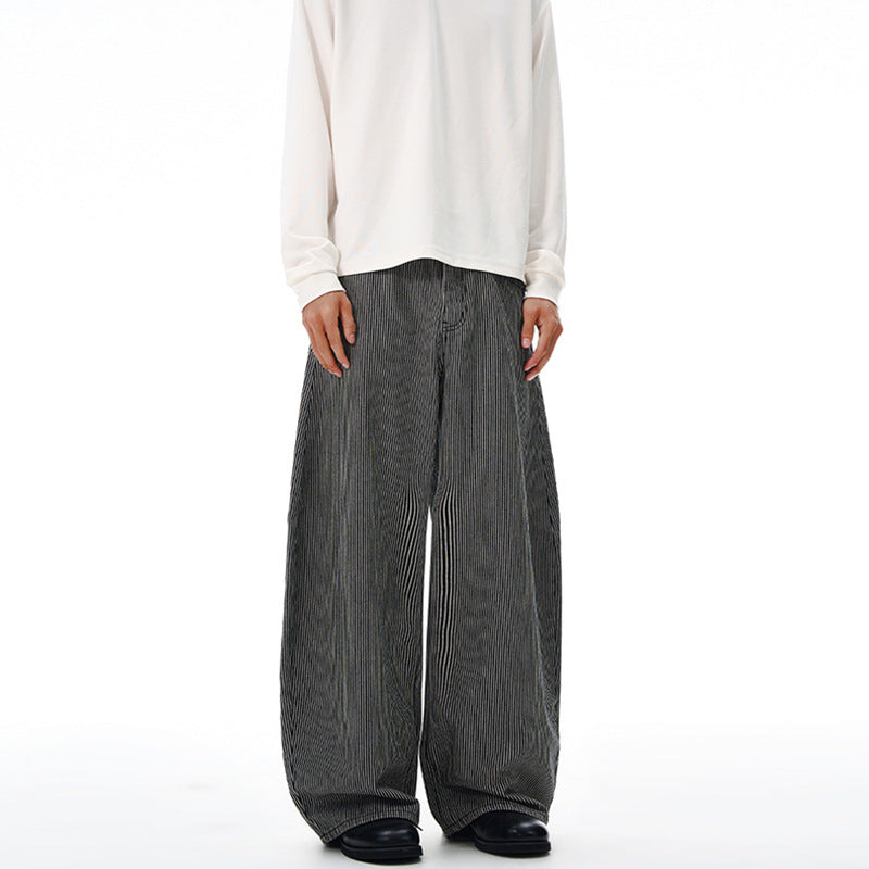 Men's Floor-Length Oversized Pants with Extremely Wide Legs and Fine Pinstripe Design Mune Fashion