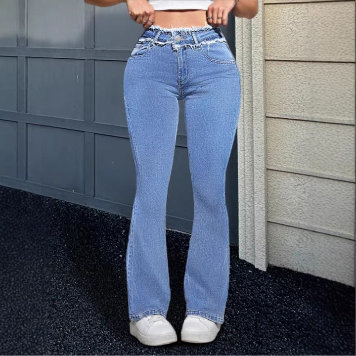 Women's High-Waisted Flared Jeans with Frayed Waistband and Center Stitch Mune Fashion