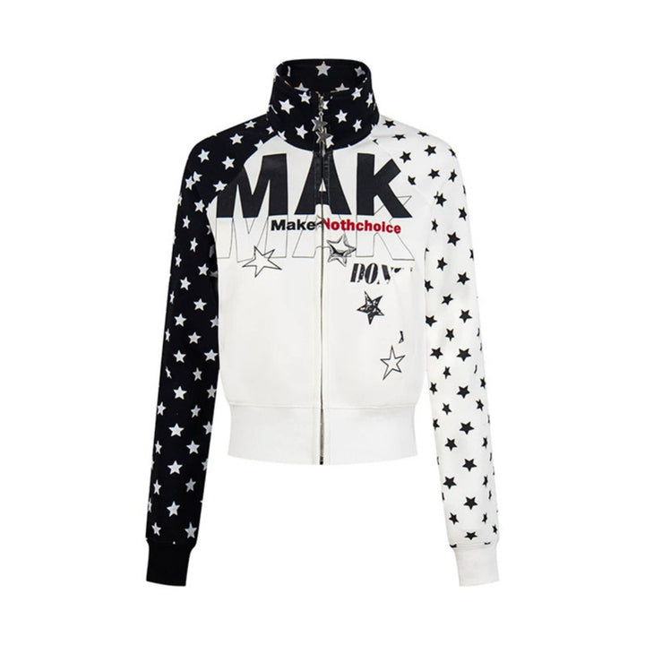 Women's cropped zip-up sweatshirt with stand-up collar, star print, and raglan sleeves Mune Fashion