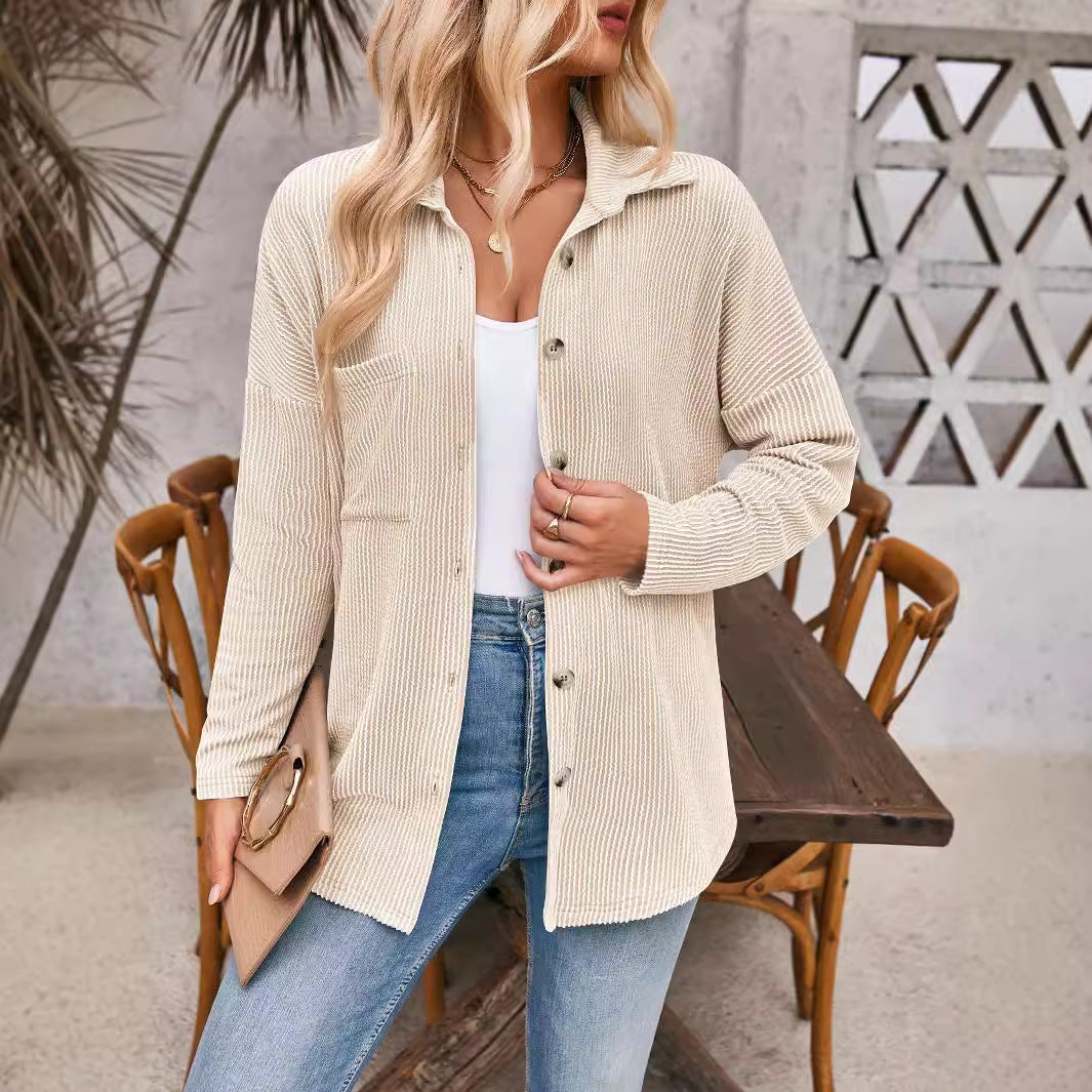 Women's Ribbed Oversized Shirt Jacket with Full Button Placket and Shirt Collar Mune Fashion