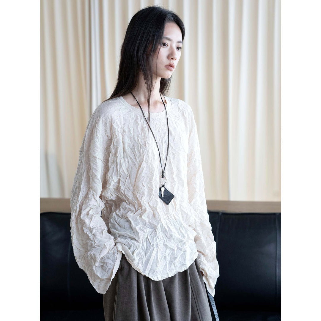 Women's Crinkled Oversize Blouse made of Linen Blend with Textured Pleated Look Mune Fashion