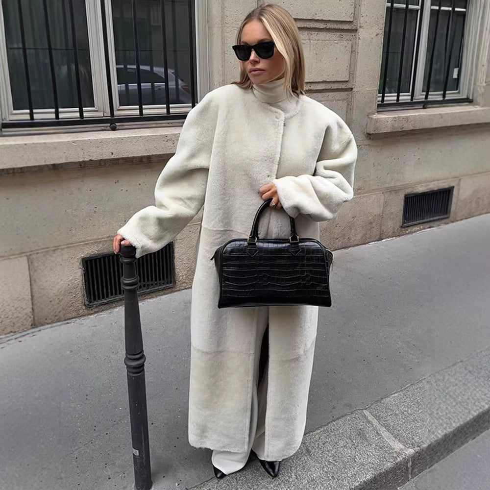 Women Maxilength Oversized Teddy Coat with Minimalist Stand Collar and Concealed Snap Button Placket Mune Fashion