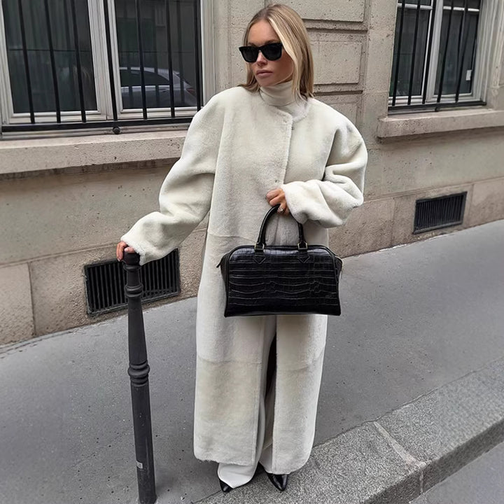 Women Maxilength Oversized Teddy Coat with Minimalist Stand Collar and Concealed Snap Button Placket Mune Fashion