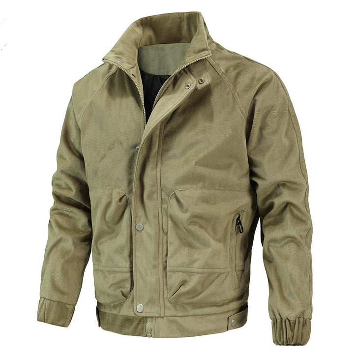 Men's washed canvas bomber jacket with stand-up collar, concealed zipper and side pockets Mune Fashion