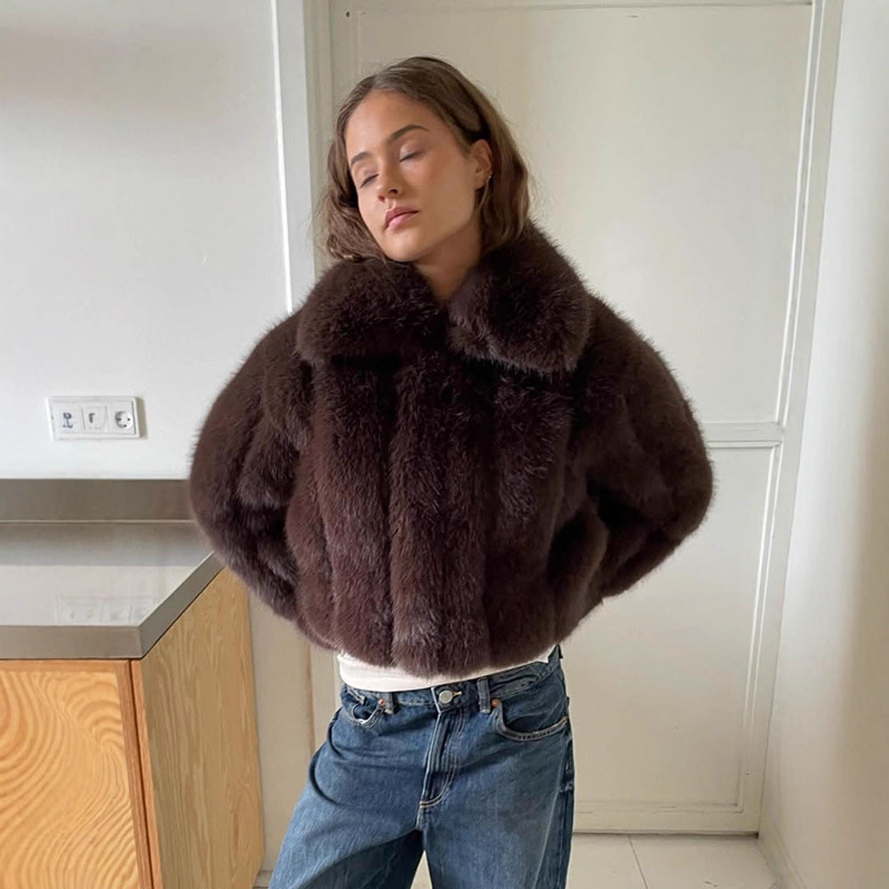 Women's Short Cropped Faux Fur Jacket with Voluminous Shawl Collar and Boxy Silhouette Mune Fashion