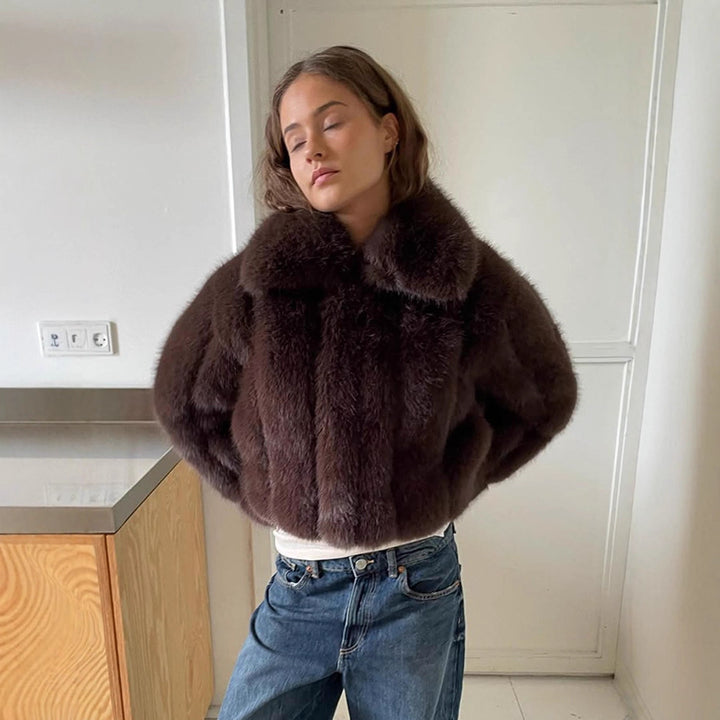 Women's Short Cropped Faux Fur Jacket with Voluminous Shawl Collar and Boxy Silhouette Mune Fashion
