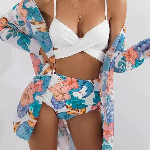 Women's bikini set with floral kimono and high-cut top Mune Fashion