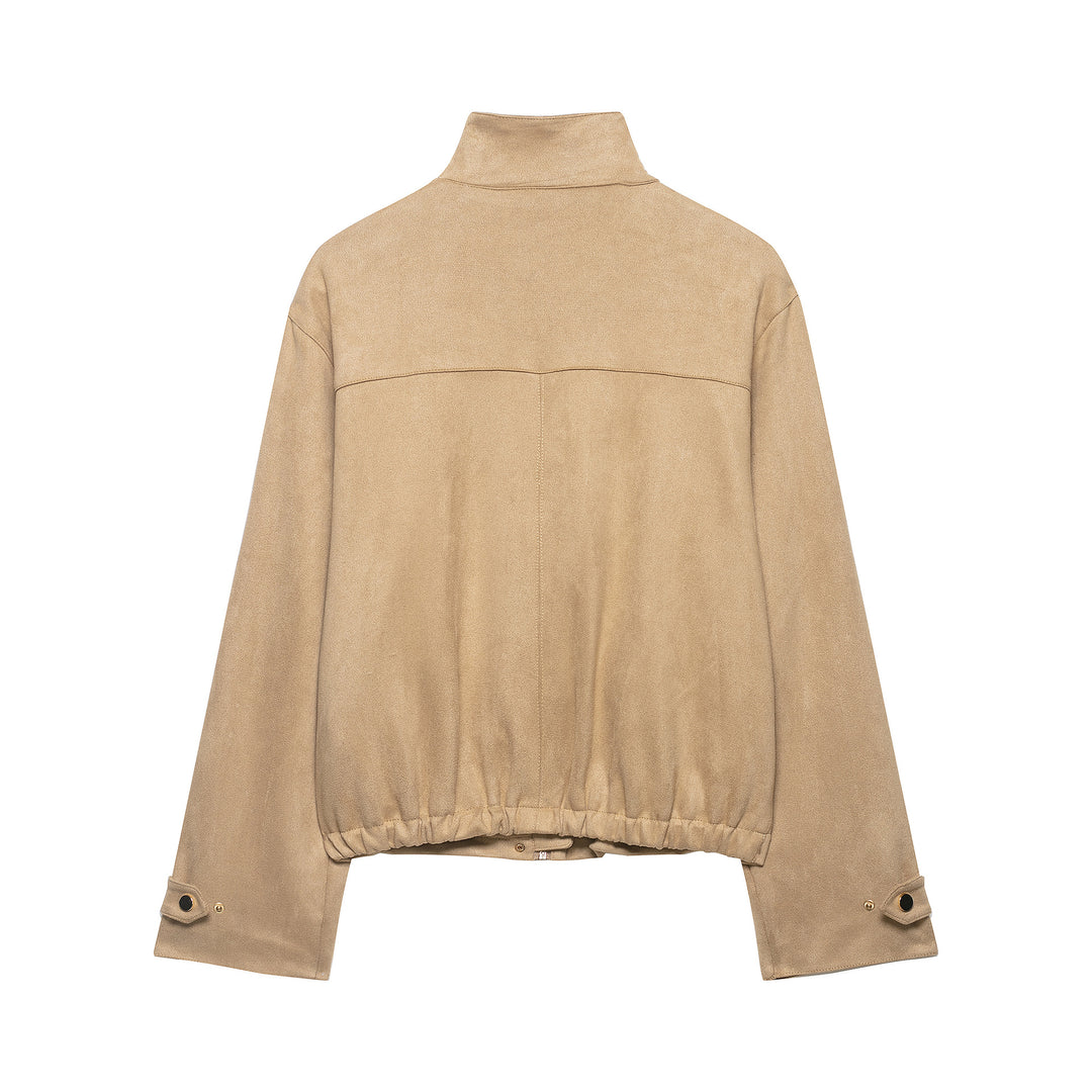 Ladies Short Boxy Jacket in Velour Look with Stand-Up Collar and Press Stud Placket Mune Fashion