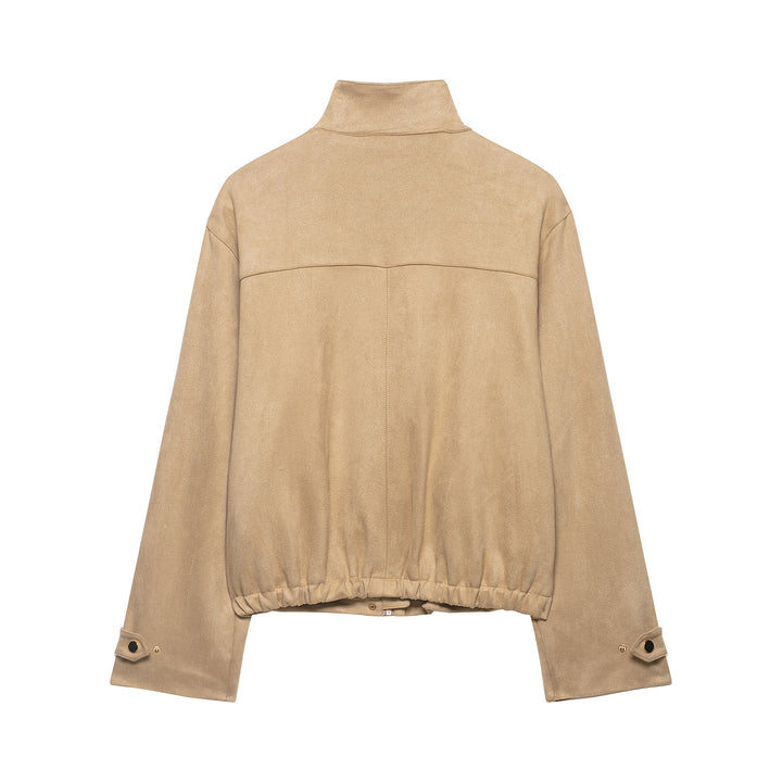 Ladies Short Boxy Jacket in Velour Look with Stand-Up Collar and Press Stud Placket Mune Fashion