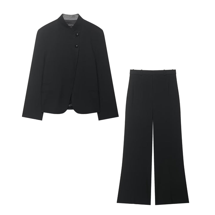 Women Two-Piece Suit Set with Short Blazer in Mandarin Collar and High-Waist Wide-Leg Pants Mune Fashion