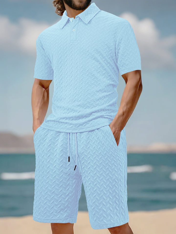 Men's embossed beach ensemble with open short sleeve shirt and cord Bermuda Mune Fashion