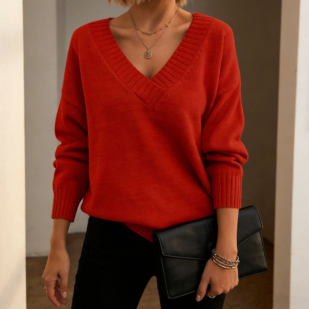 Women's fine knit sweater with deep V-neck and dropped shoulder Mune Fashion