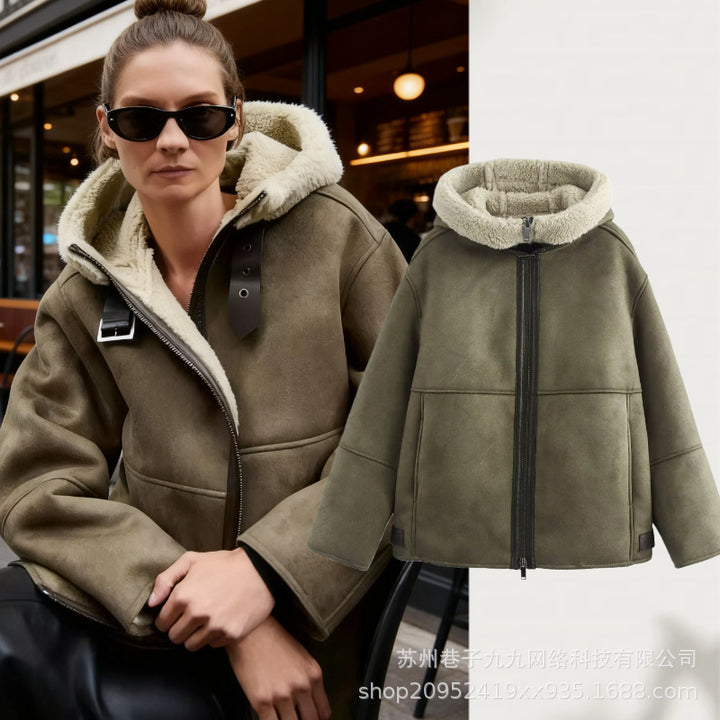Women's Hooded Lambskin Imitation Bomber Jacket with Teddy Lining and Zip Mune Fashion