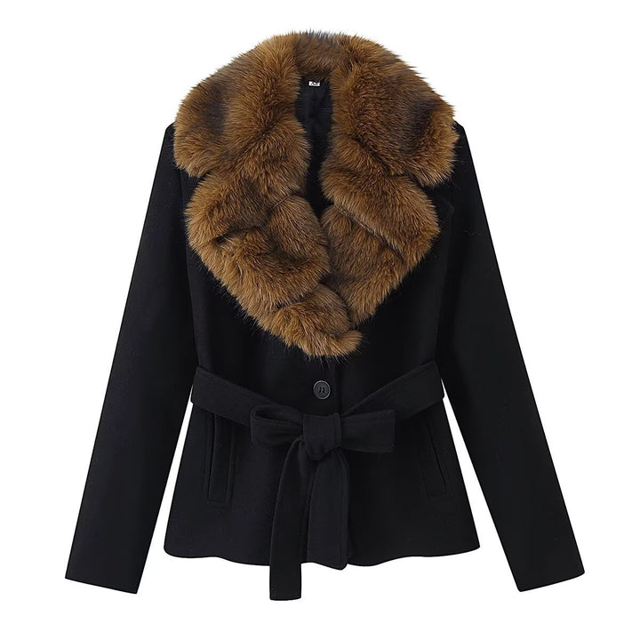Women short coat with detachable faux fur shawl collar and belt Mune Fashion