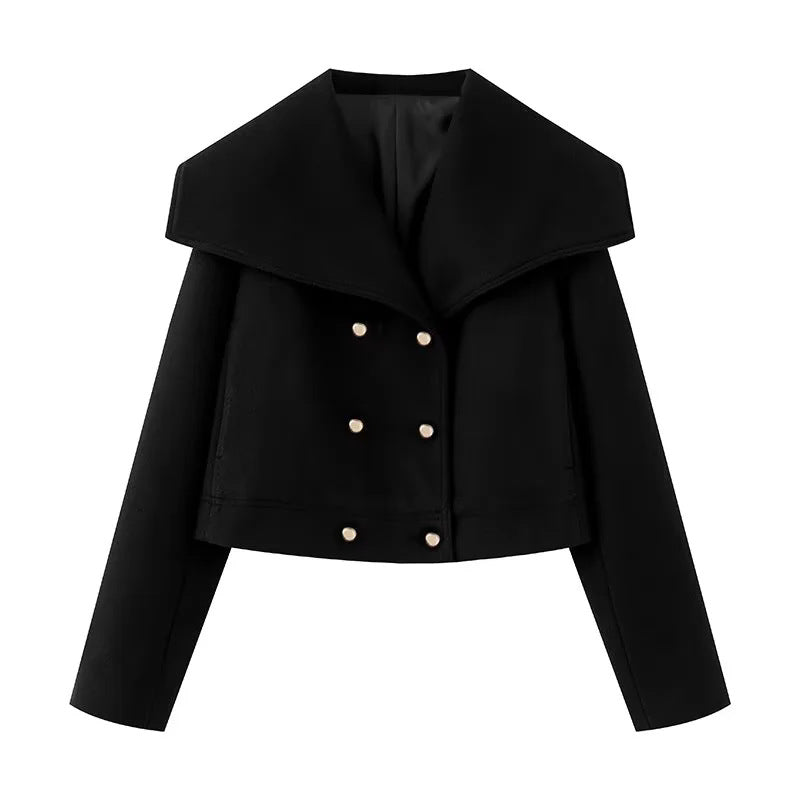 Women nan cropped navy-inspired short coat bomber jacket with oversized shawl collar and decorative double button placket Mune Fashion