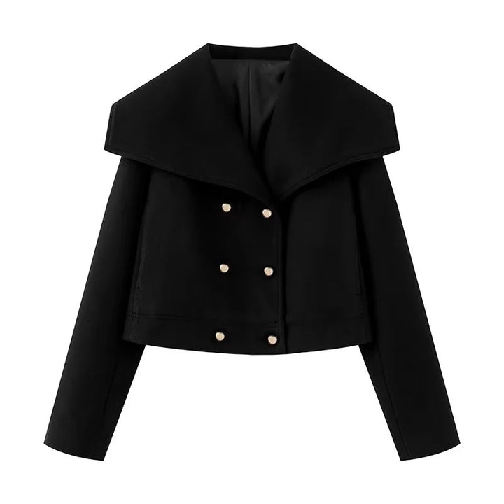 Women nan cropped navy-inspired short coat bomber jacket with oversized shawl collar and decorative double button placket Mune Fashion