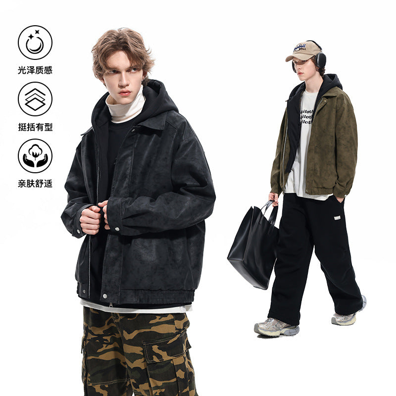 Men's Oversized Suede Look Bomber Jacket with Hood and Double Zipper Mune Fashion