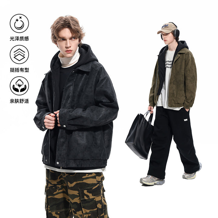 Men's Oversized Suede Look Bomber Jacket with Hood and Double Zipper Mune Fashion