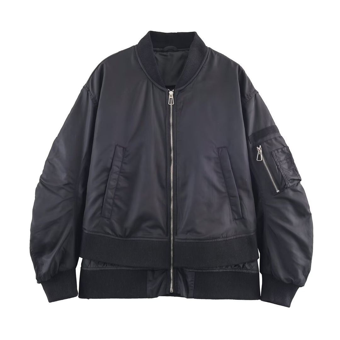 Women's Oversize Bomber Jacket with padded quilted lining, sleeve zip pocket and wide ribbed cuff Mune Fashion