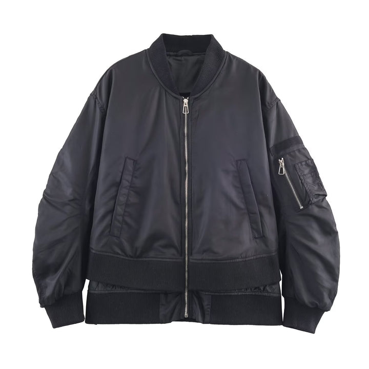 Women's Oversize Bomber Jacket with padded quilted lining, sleeve zip pocket and wide ribbed cuff Mune Fashion