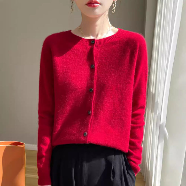 Women's Short-Cut Fine Knit Cardigan with Round Neck and Shimmering Button Placket Mune Fashion