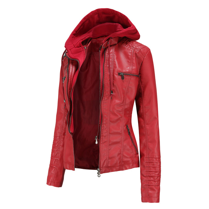 Women nan tailored faux leather jacket with hood, quilted arm flap and concealed zipper pockets Mune Fashion