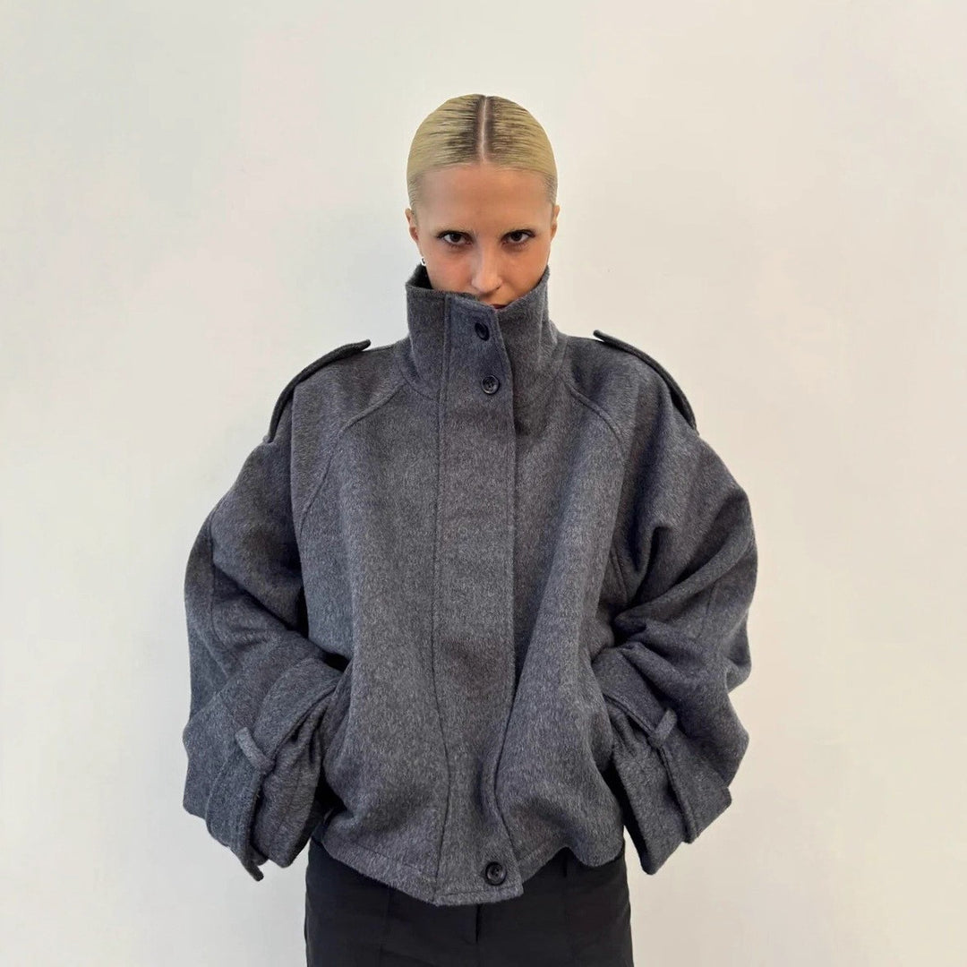 Women's short wool mix blouson with high stand-up collar, shoulder patches, and voluminous balloon sleeves Mune Fashion