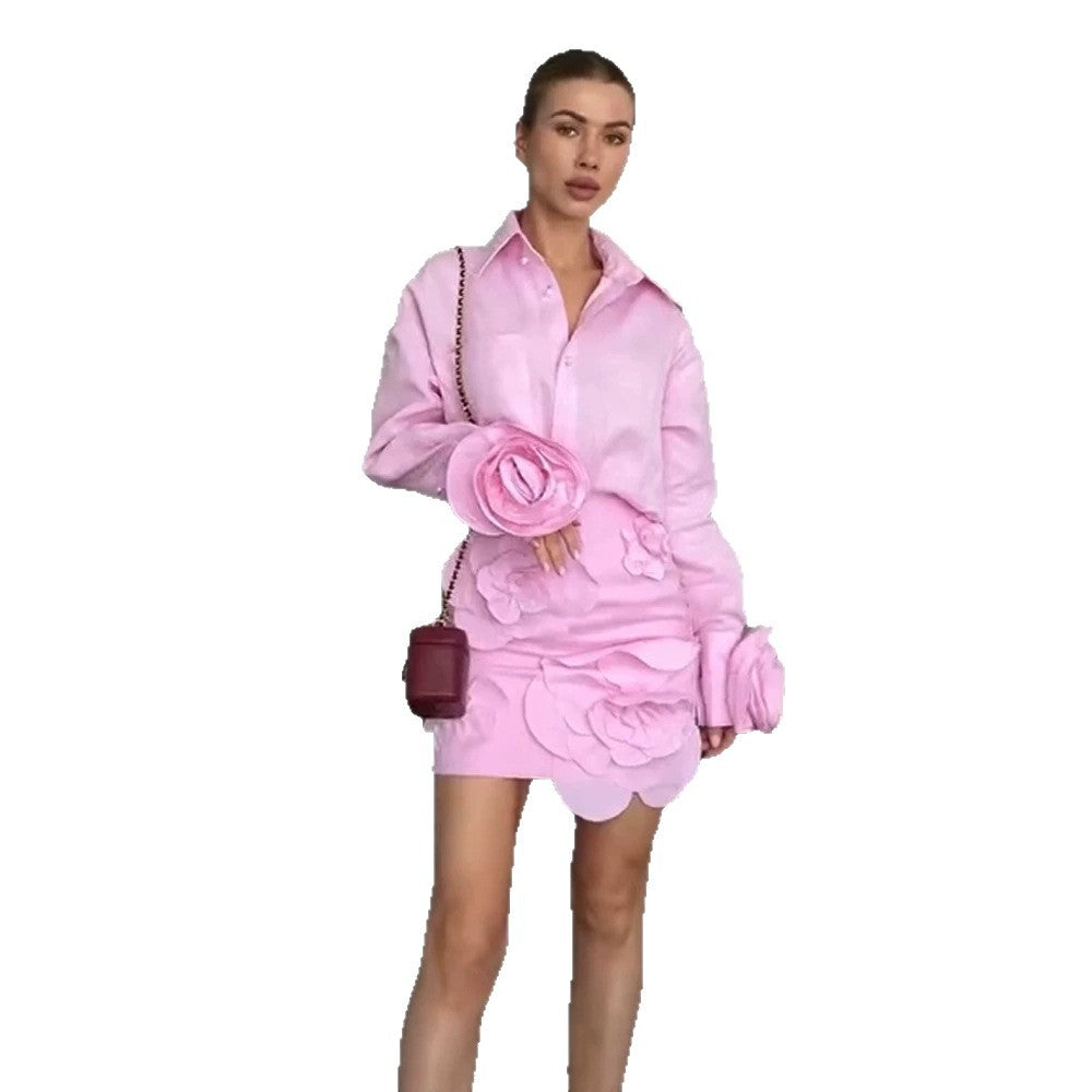 Women's Shirt Blouse-Mini Skirt Set with Voluminous 3D Rose Appliqués and Pearl Details Mune Fashion