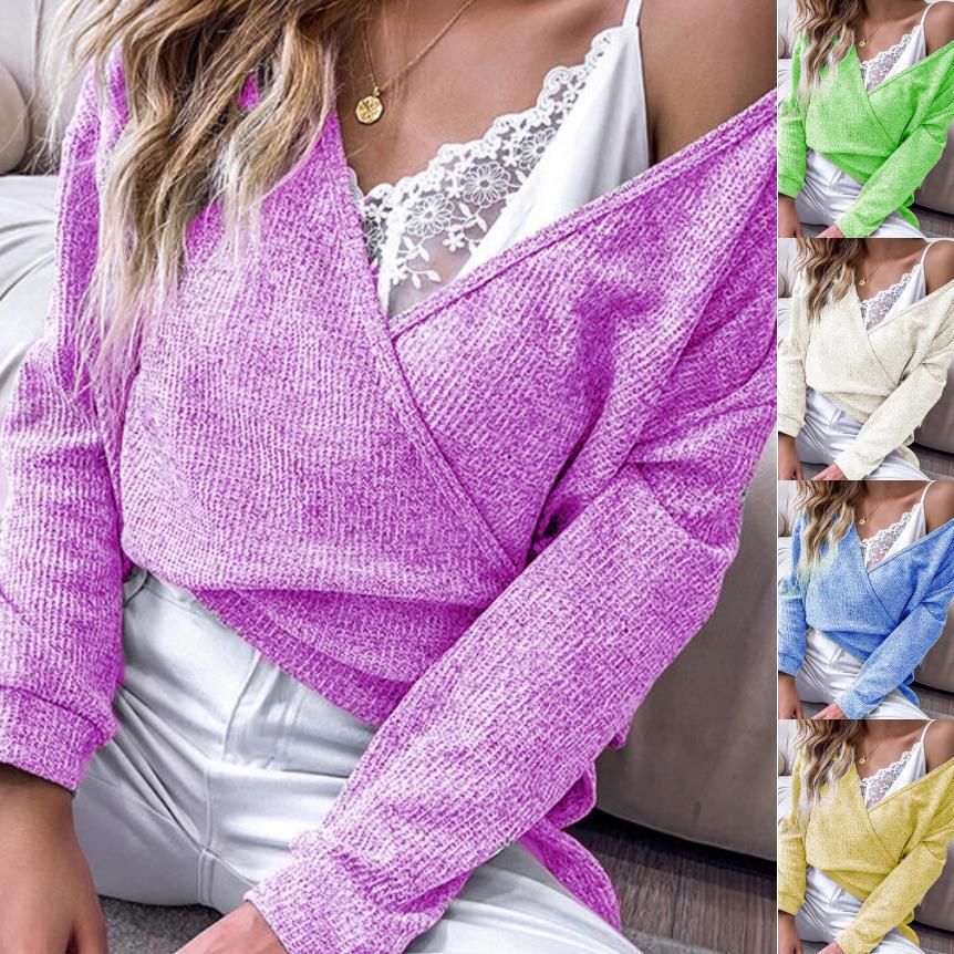 Women's fine knit wrap pullover with deep V-neck, dropped shoulder, and mottled texture Mune Fashion