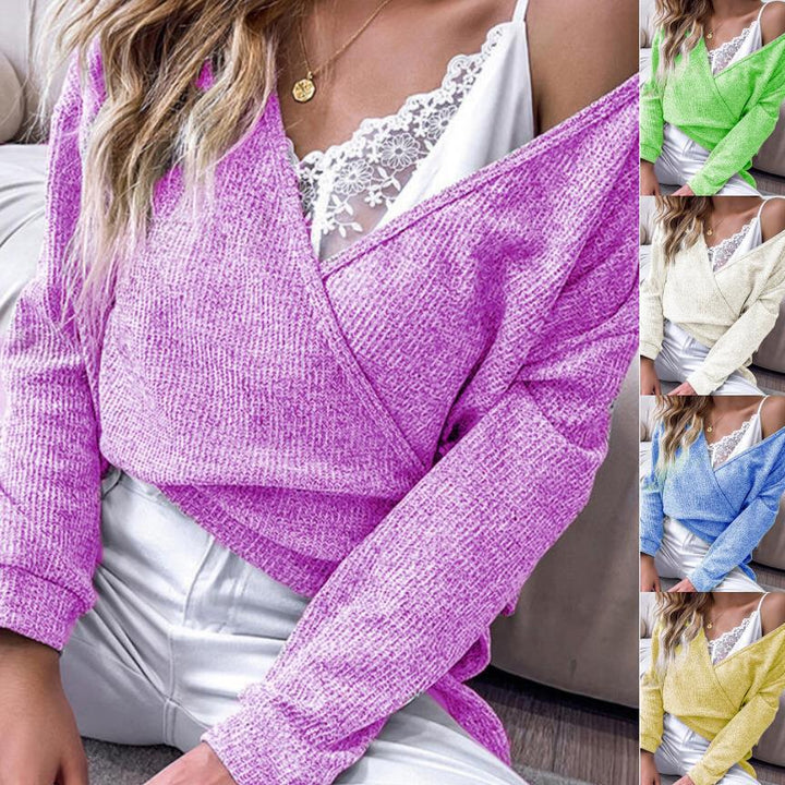 Women's fine knit wrap pullover with deep V-neck, dropped shoulder, and mottled texture Mune Fashion