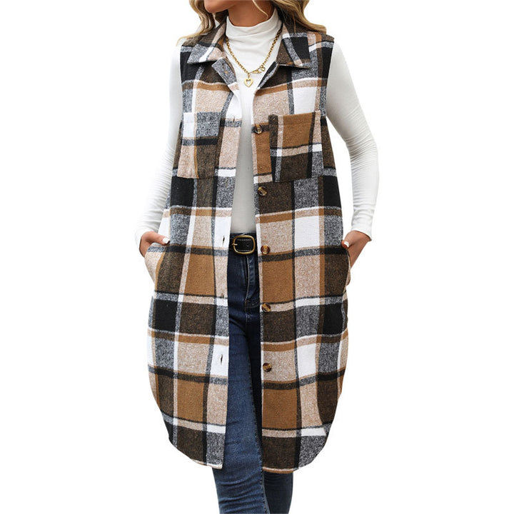 Women's Sleeveless Checkered Long Vest with Shirt Collar Mune Fashion