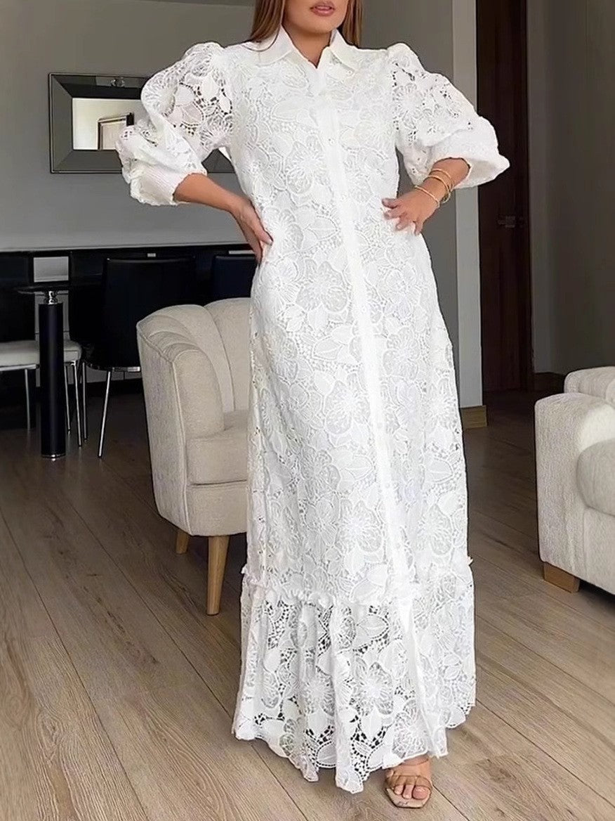 Ladies' maxi dress made of lace with shirt collar and puff sleeves Mune Fashion