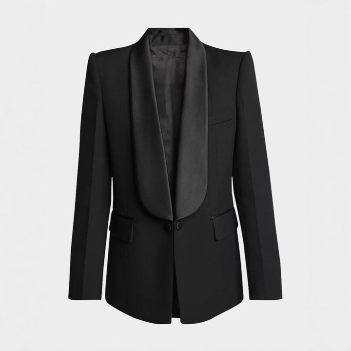 Women's Elegant Tuxedo Set with Satin Shawl Collar and Wide Palazzo Pants Cut Mune Fashion