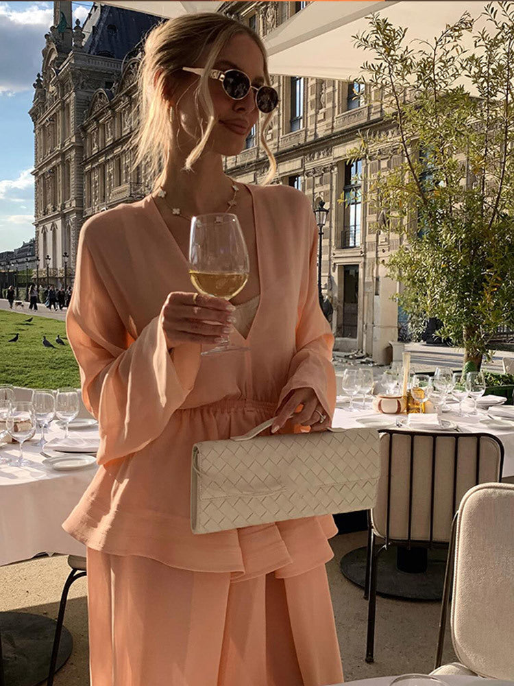 Women Two-Piece Chiffon Set with V Neck, Voluminous Sleeves and Pleated Maxi Skirt Mune Fashion