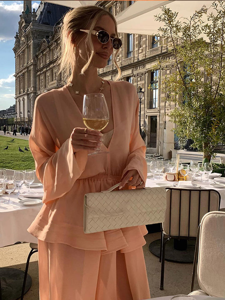 Women Two-Piece Chiffon Set with V Neck, Voluminous Sleeves and Pleated Maxi Skirt Mune Fashion