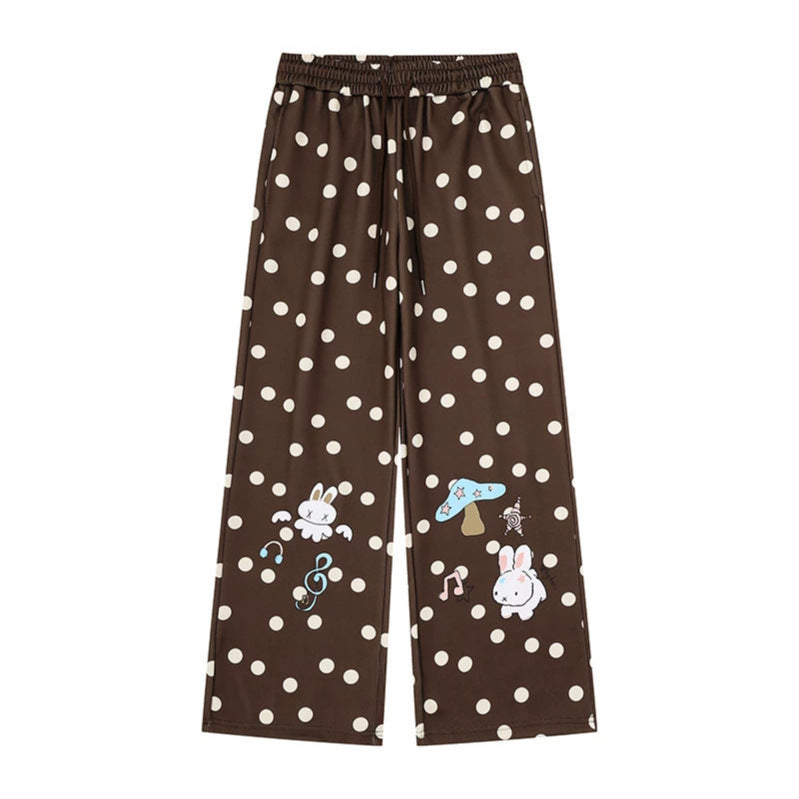Women Wide Lounge Pants with Comfort Waistband, Polka Dot Allover and Playful Cartoon Print Mune Fashion