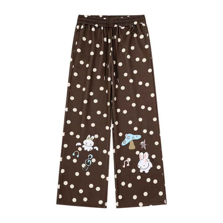 Women Wide Lounge Pants with Comfort Waistband, Polka Dot Allover and Playful Cartoon Print Mune Fashion