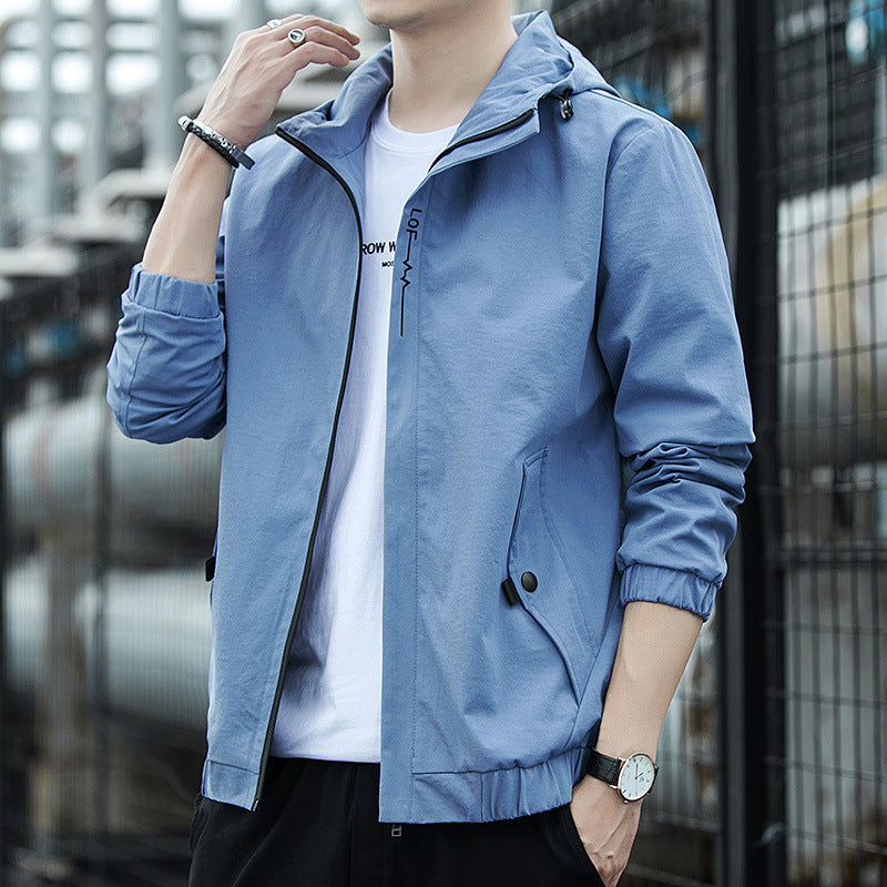 Men's Lightweight Hooded Windbreaker in Urban Minimal Style with Concealed Zipper and Elastic Cuffs.