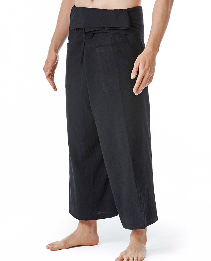 Men's loosely fitted linen harem pants with high foldover waistband and patch pockets Mune Fashion