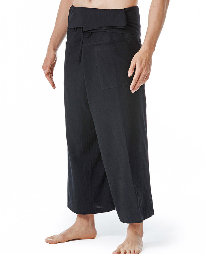 Men's loosely fitted linen harem pants with high foldover waistband and patch pockets Mune Fashion