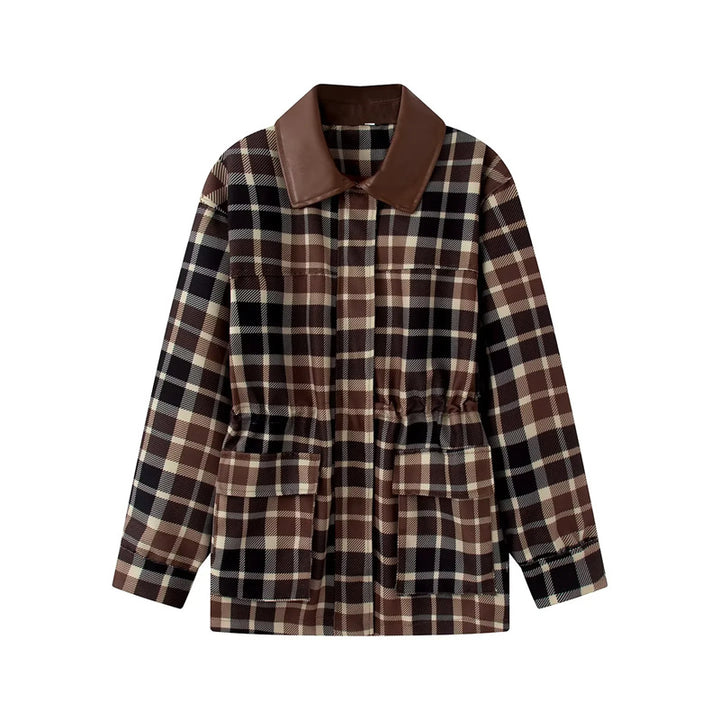 Women's checkered transitional jacket with faux leather shawl collar, waist drawstring and patch pockets Mune Fashion