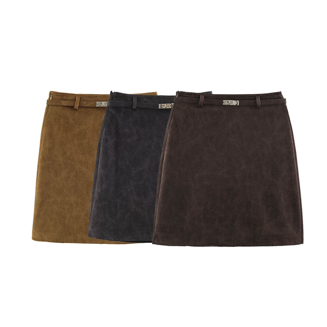 Women A-line mini skirt made of faux suede with narrow decorative belt Mune Fashion