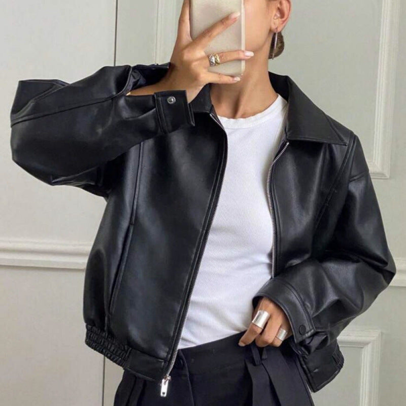 Women's Oversized Leather Jacket in Bomber Style with Elastic Hem Mune Fashion