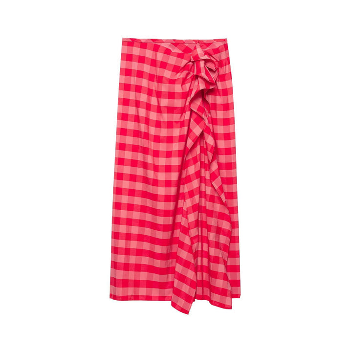 Women's midi skirt with Vichy check, wrap look and side ruffle Mune Fashion