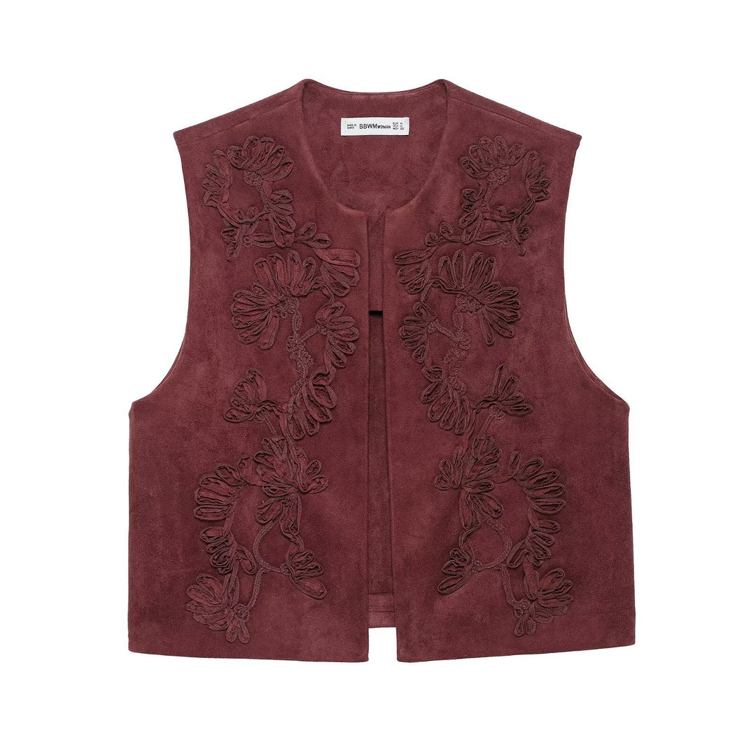Women's Sleeveless Suede-Look Vest with Floral Appliqué Mune Fashion