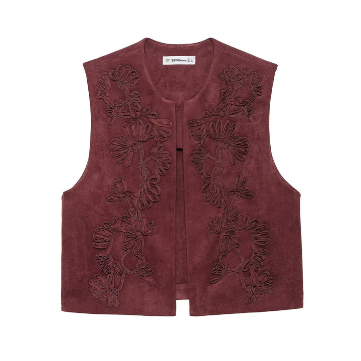 Women's Sleeveless Suede-Look Vest with Floral Appliqué Mune Fashion