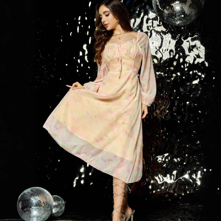 Women's midi dress with corset bustier, balloon sleeves, and A-line skirt Mune Fashion