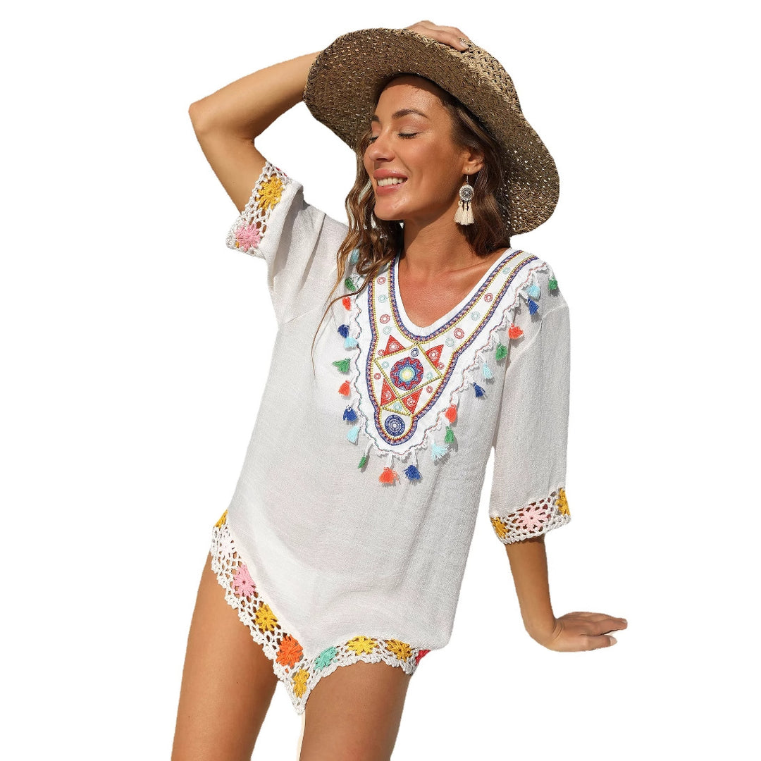 Women's airy kaftan with colorful crochet pattern Mune Fashion