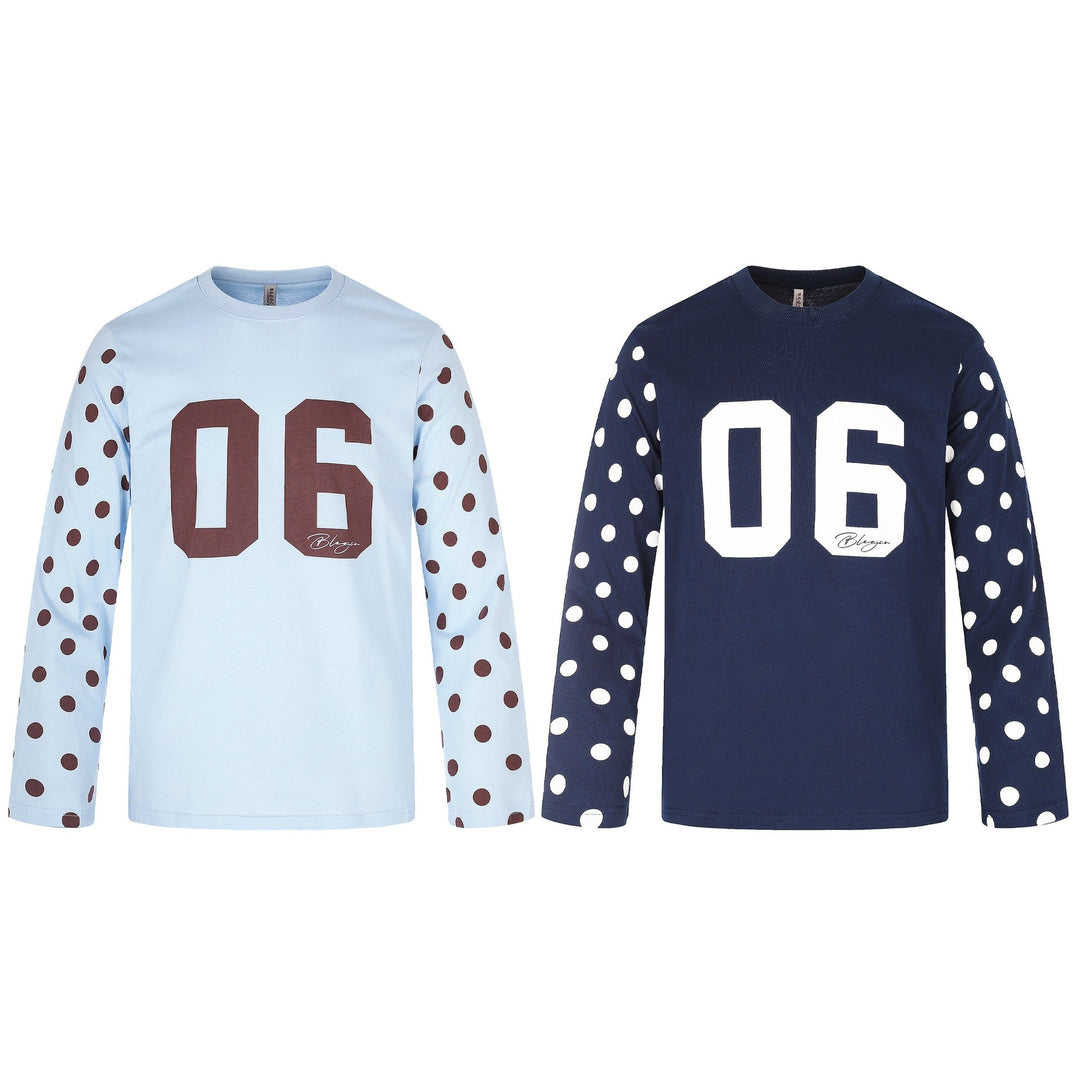 Ladies Long Sleeve Statement Shirt with Polka Dot Sleeves and Number Print Mune Fashion