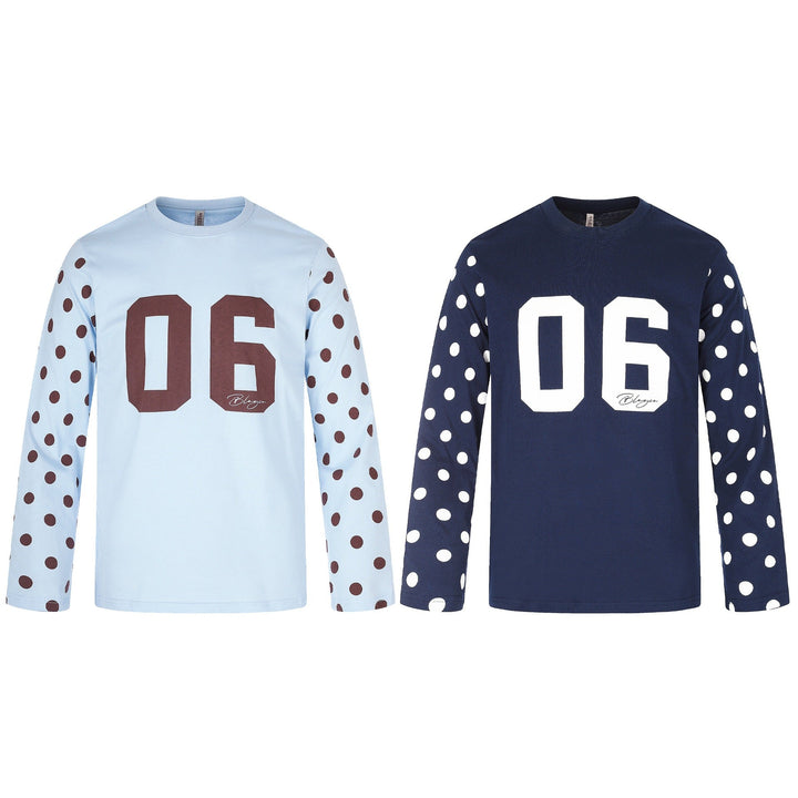 Ladies Long Sleeve Statement Shirt with Polka Dot Sleeves and Number Print Mune Fashion